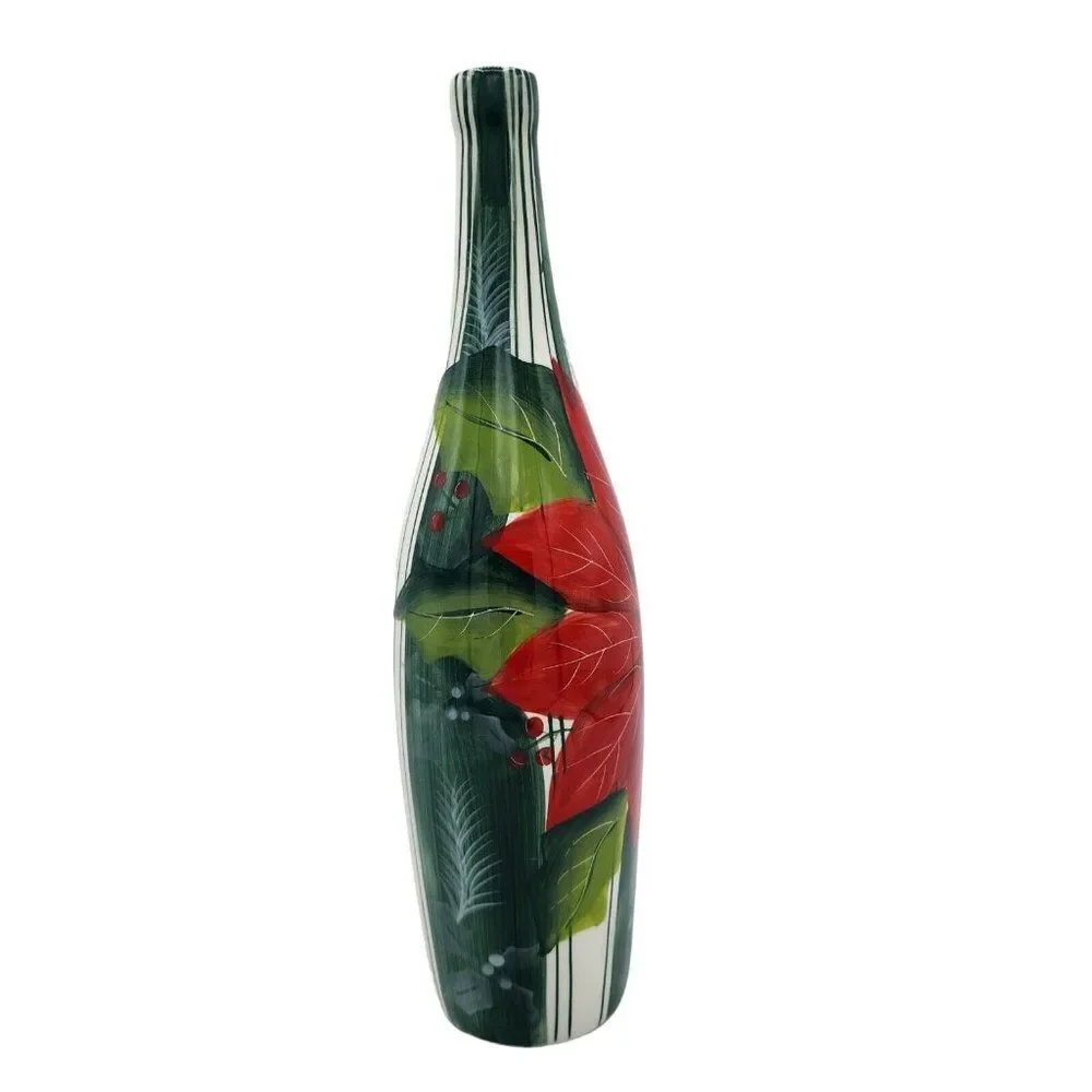 Nantucket Home Vintage Red Poinsettia Ceramic Bottle Vase Holiday Decor‎ 11.7